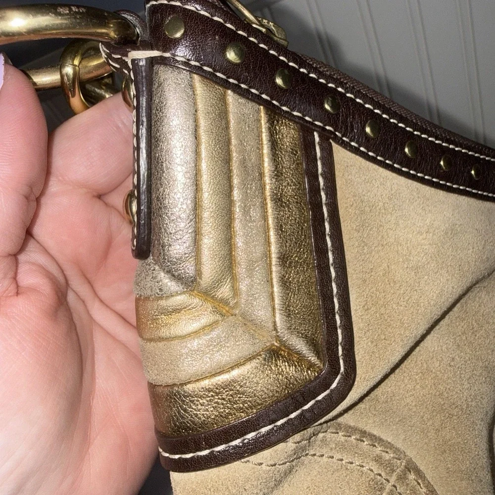 Vintage Coach Brown Tan Suede Small Hobo Shoulder Bag Purse Metallic Accents